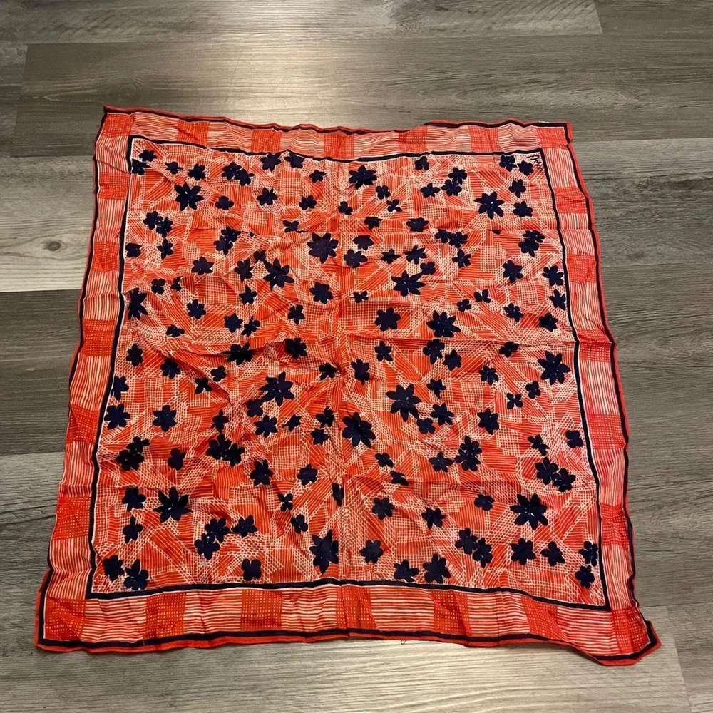 Vera Vintage Square Scarf Red Navy Blue Floral Geometric Print Hand Rolled Hem